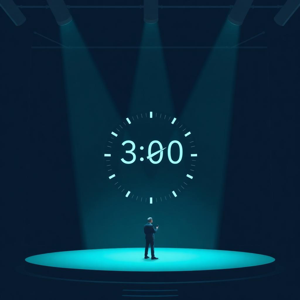 Ilustración de un emprendedor exponiendo su proyecto con un reloj de 3 minutos
